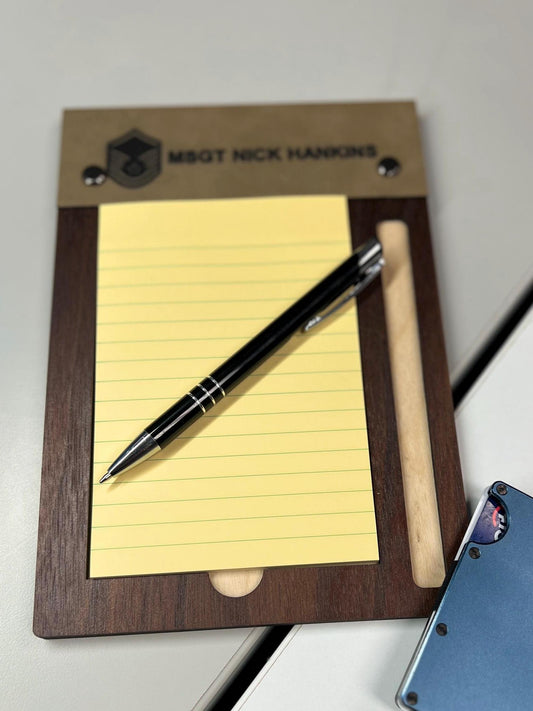 Free Shipping - Desktop sticky notepad holder with pen slot.  holds 4x6 pad.  Bespoke gift for military, teacher, executive and more.