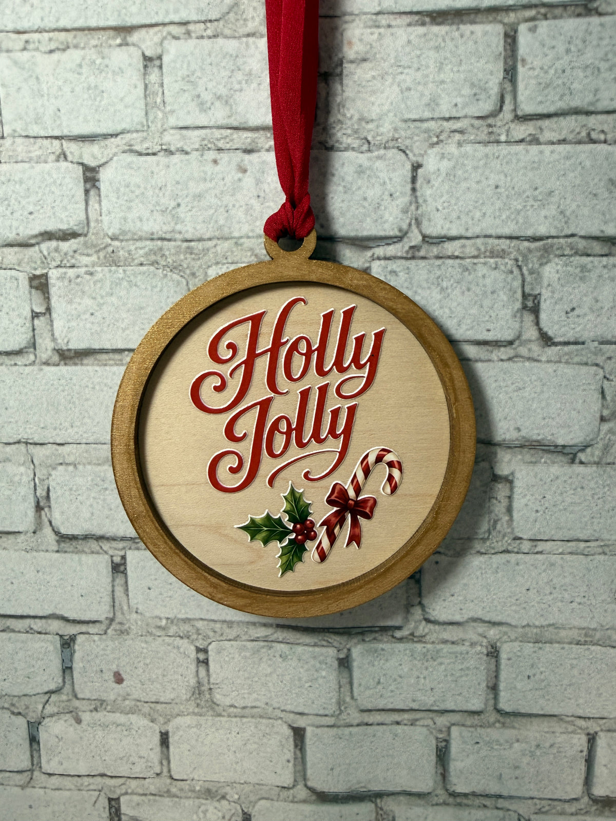 Holly Jolly Ornament | Vintage Script Christmas Ornament with Gold Frame | Candy Cane & Holly