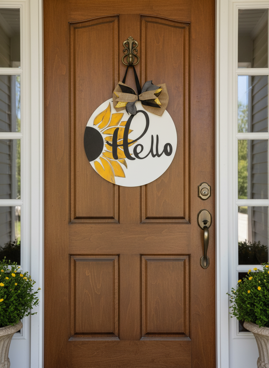 Sunflower 'Hello' door hanger with a burlap bow hanging on a front door between potted mums