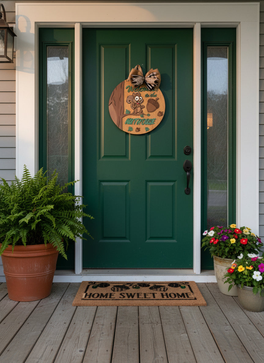 Wooden door hanger with a cartoon squirrel and acorns on a wooden surface