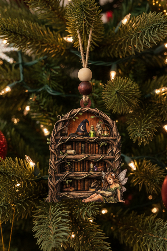 Decorative Christmas ornament with fairy and bookshelf on a tree with ornaments and lights.