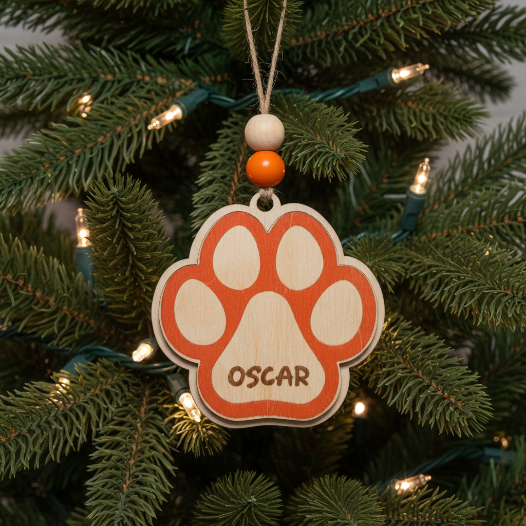 Wooden paw print ornament personalized with a pet's name, available in orange, blue, red, and green.