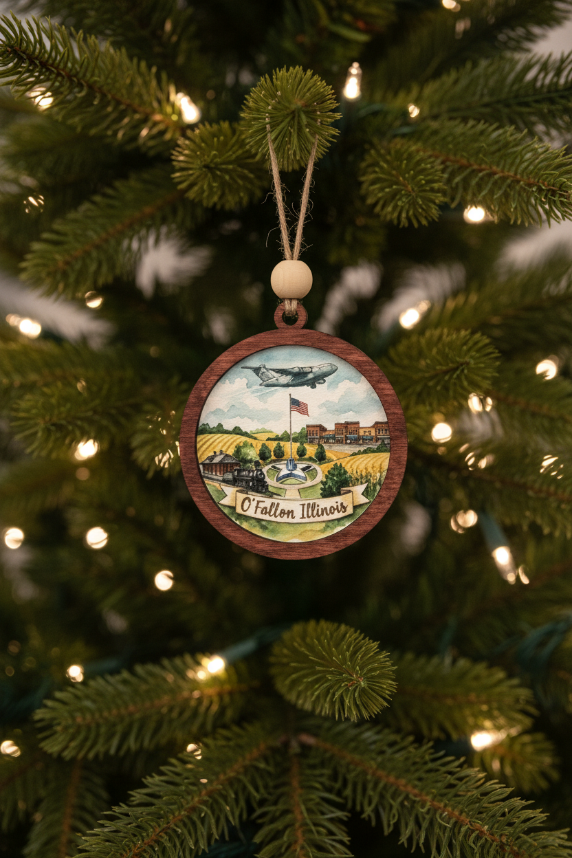 Custom wood ornament celebrating O'Fallon, IL — C-17 flyover, train depot, and star monument. Laser-cut and UV-printed. A hometown gift that hangs on the tree.